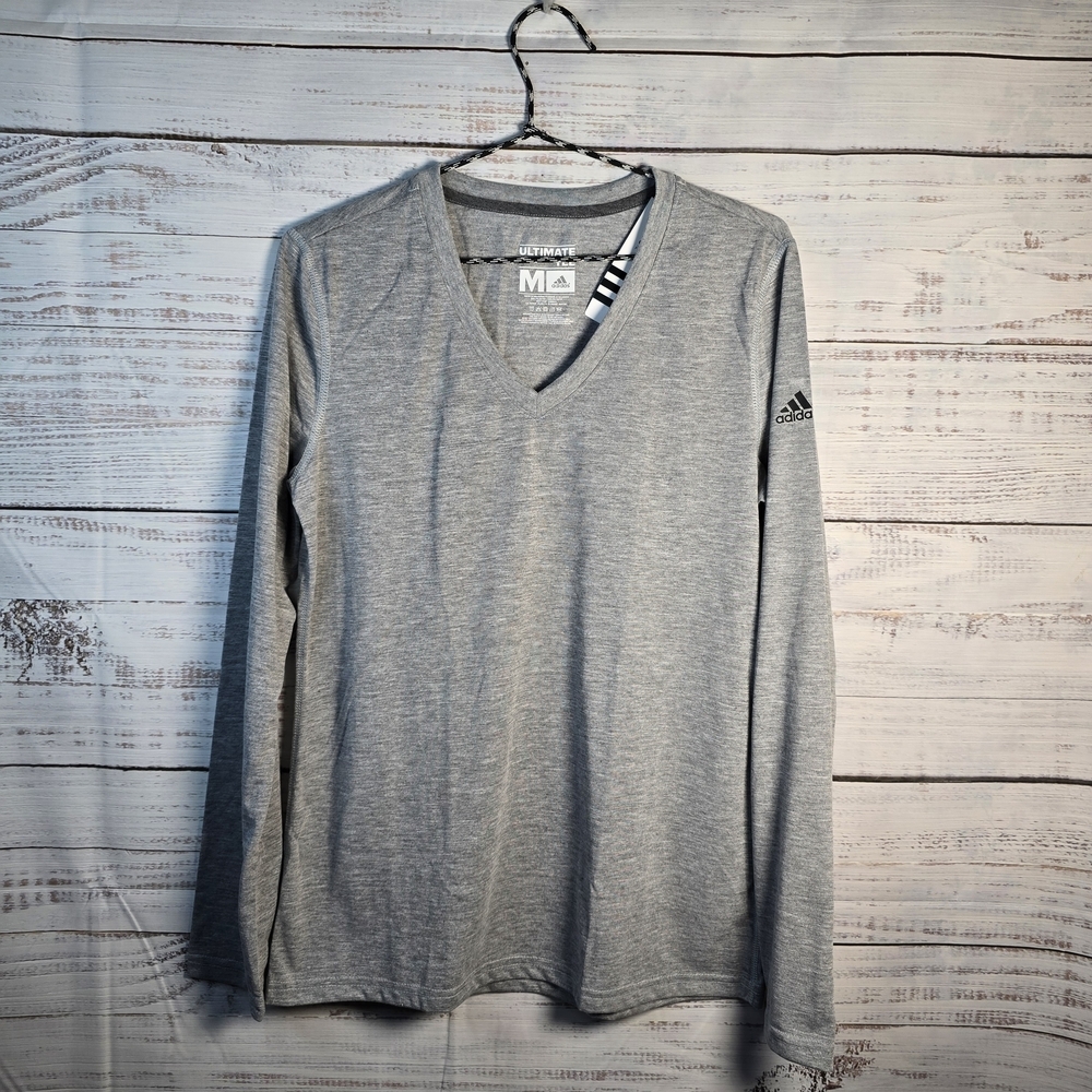 adidas Women's Long Sleeve V-Neck Top in Heather Gray Medium